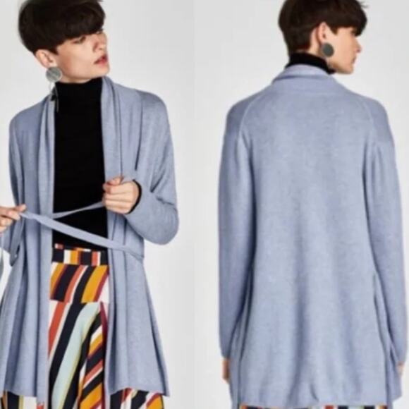 Zara Women's Open Front Tied Back Cardigan Sweater Light Blue Size M Knit - Picture 2 of 9